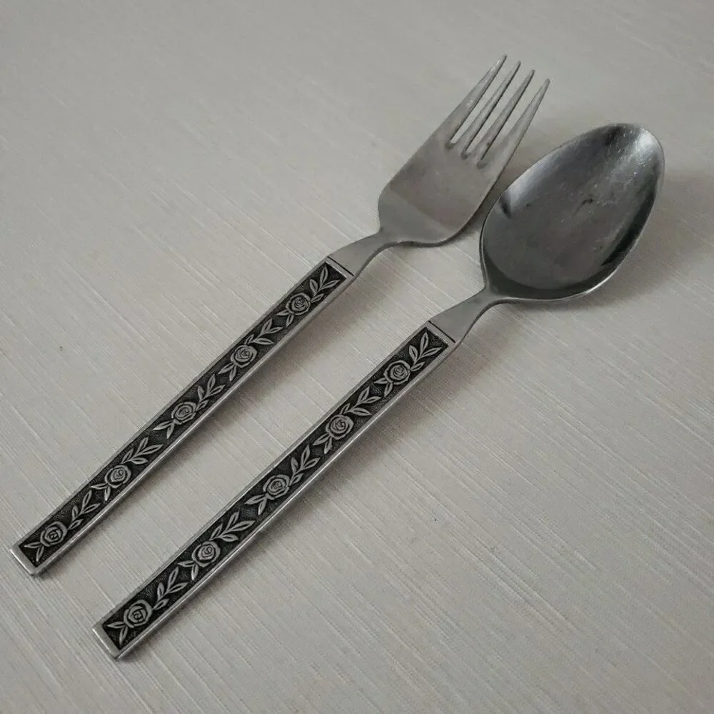 Interpur Stainless Mexicali Rose Dinner Fork & Spoon Black Textured Handle Japan